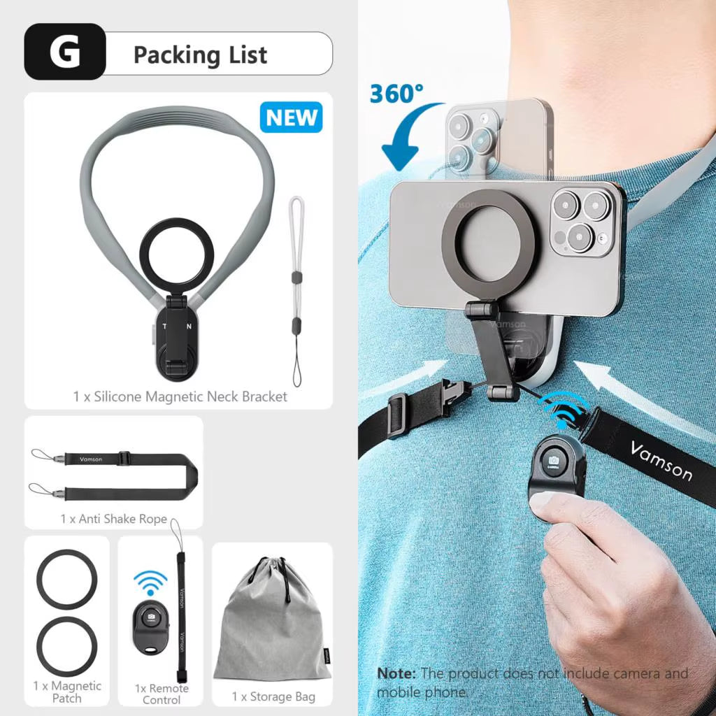 Vamson Silicone Magnetic Neck Hold Mount for Mobile Phone Iphone 15 Huawei Samsung Anti-Shake Lanyard Strap Bracket Accessories
