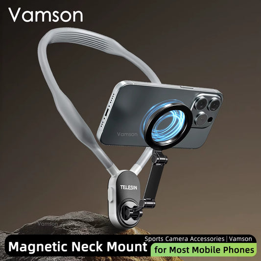 Vamson Silicone Magnetic Neck Hold Mount for Mobile Phone Iphone 15 Huawei Samsung Anti-Shake Lanyard Strap Bracket Accessories