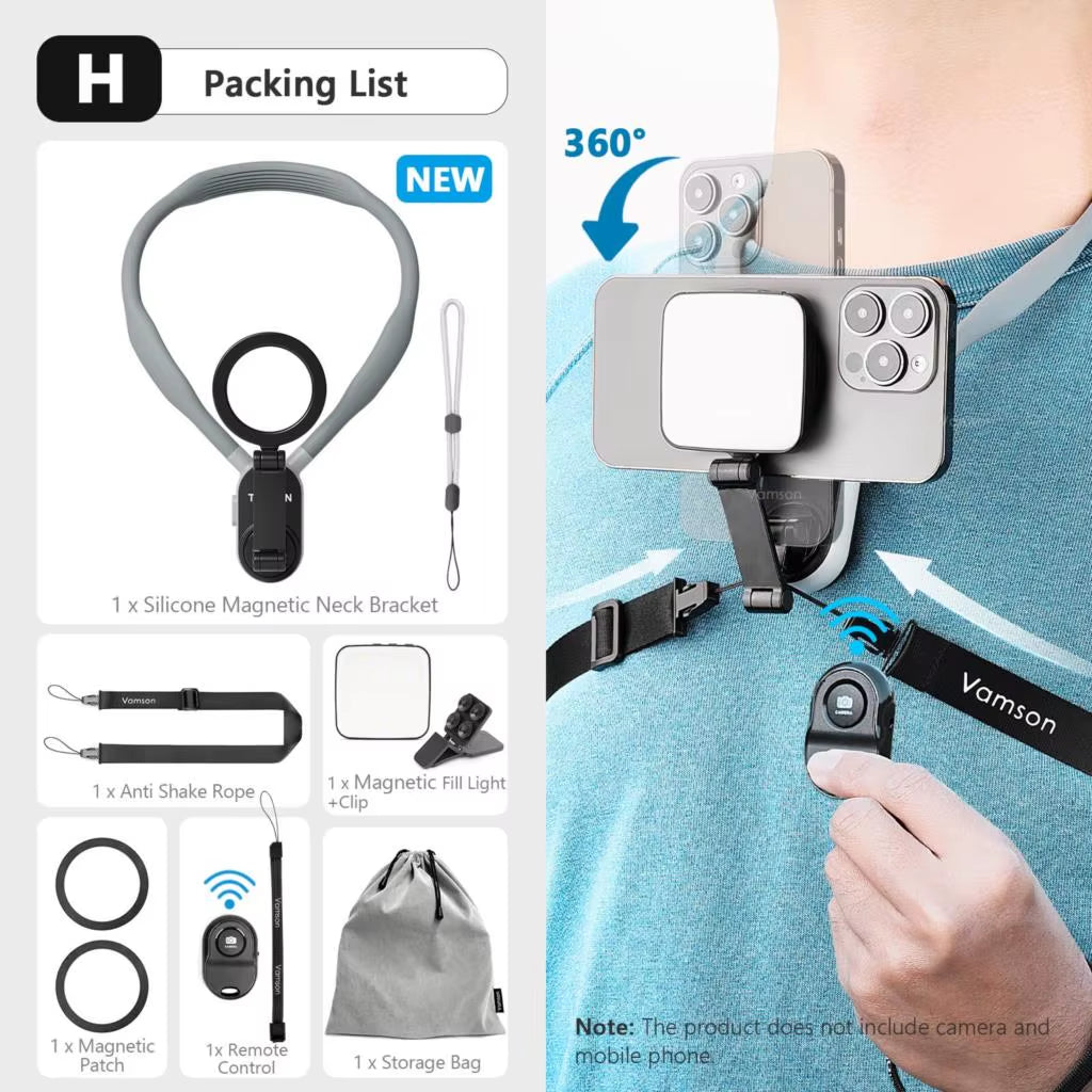 Vamson Silicone Magnetic Neck Hold Mount for Mobile Phone Iphone 15 Huawei Samsung Anti-Shake Lanyard Strap Bracket Accessories