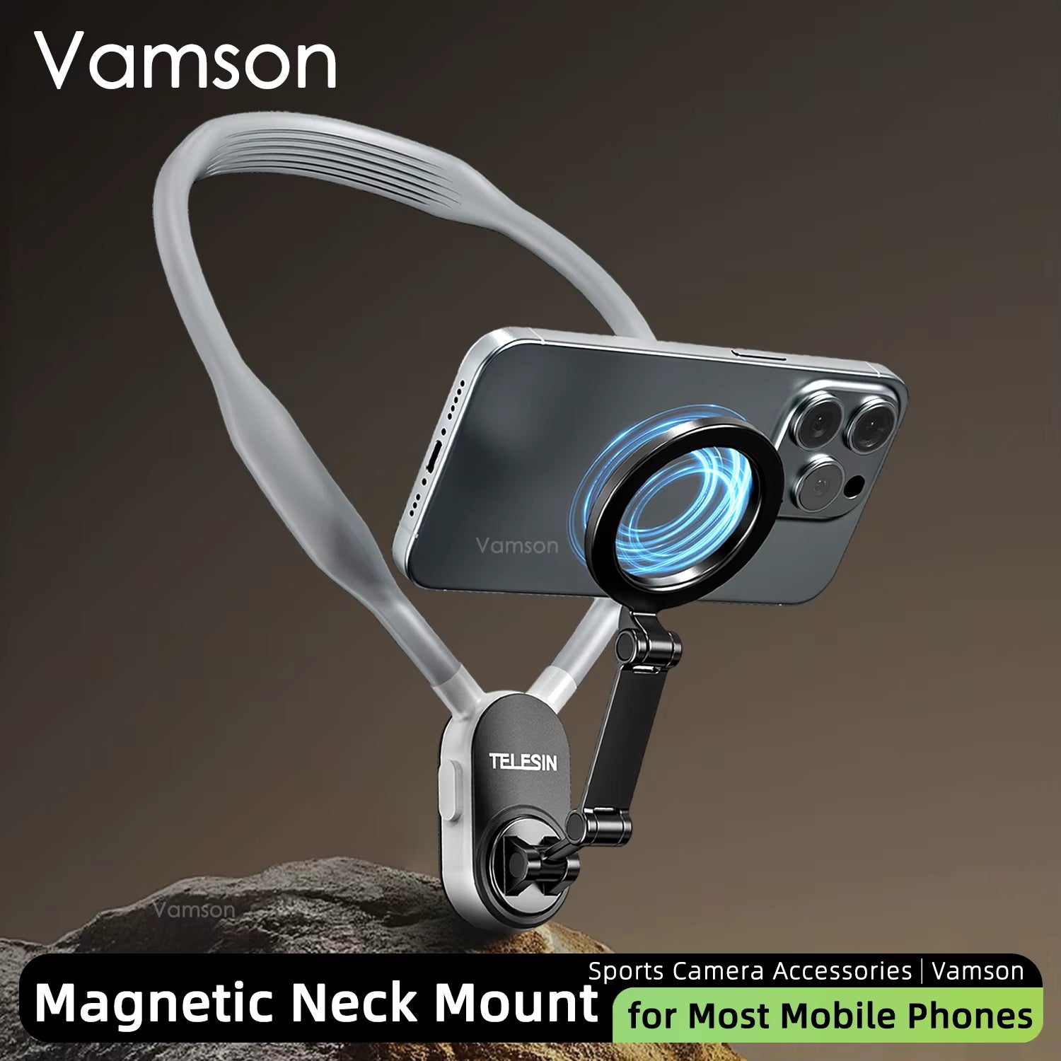 Vamson Silicone Magnetic Neck Hold Mount for Mobile Phone Iphone 15 Huawei Samsung Anti-Shake Lanyard Strap Bracket Accessories
